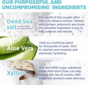Kids toothpaste ingredients panel showing Dead Sea salt, aloe vera, and xylitol graphics.