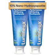Pair of Lumineux® 10% nano-hydroxyapatite performance whitening toothpaste tubes