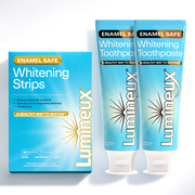 Teeth whitening starter pack with whitening strips box and enamel-safe toothpaste tubes