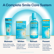 Teeth whitening kit set with whitening toothpaste, whitening strips, and whitening mouthwash bottles