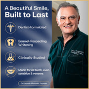 Whitening duo set promotional poster with smiling dentist and benefit icons