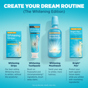 Whitening mouthwash bottle with blue cap, shown with other whitening items