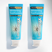 Lumineux® teeth whitening toothpaste, blue tube with white cap and enamel-safe label