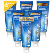 6-pack whitening toothpaste tubes, blue Lumineux® 10% nano hydroxyapatite performance
