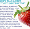 Kids toothpaste info panel with strawberry graphic and green leaves, quote about smile taste.
