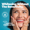 Whitening mouthwash marketing with smiling woman and hands near mouth