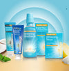 Lumineux dental care products including toothpaste, mouthwash, and strips on a blue and beige gradient background.