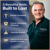 Whitening duo set promotional poster with smiling dentist and benefit icons